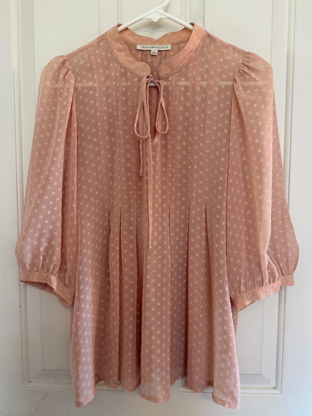 Daniel Rainn Blush Pink Tie-Neck Swiss Dot Blouse